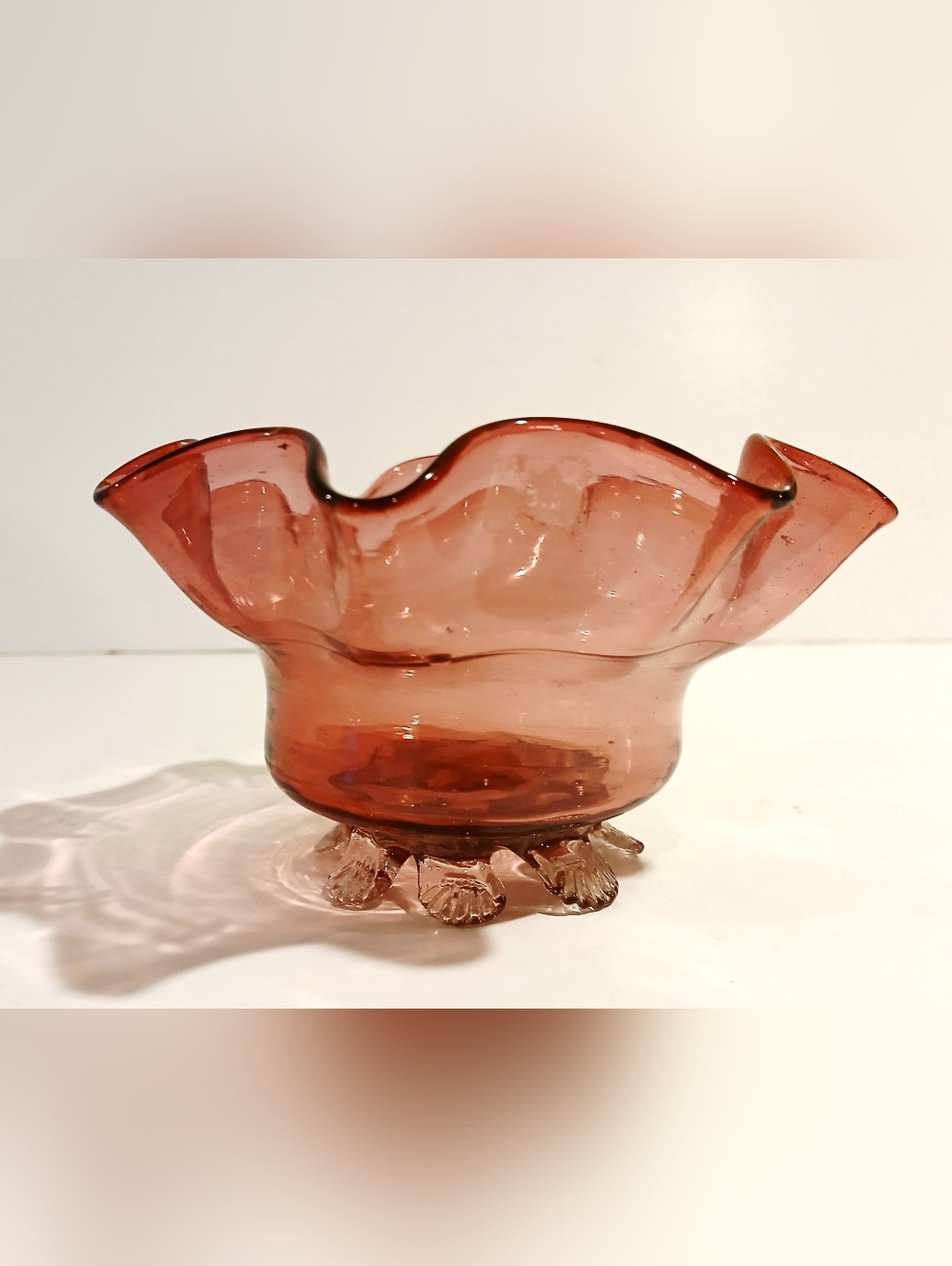 Vintage Cranberry  Pink Glass Ruffled Bowl